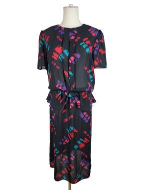 Vintage 1980s 10 Raoul New Wave Abstract Print Peplum Dress Black Fuchsia